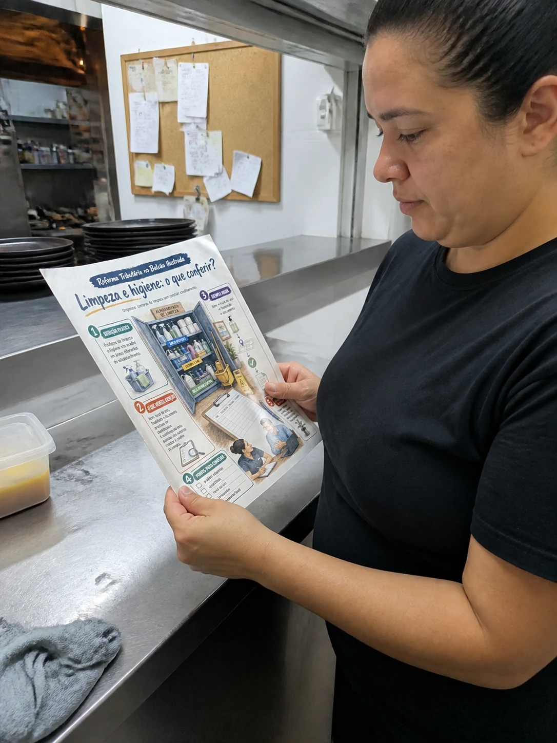 Gestora de restaurante lendo uma ficha visual na cozinha